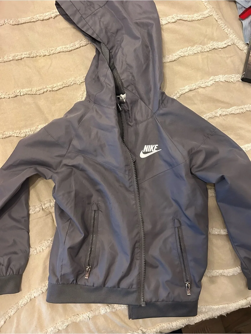 Nike Kids Gray Hooded Rain Jacket with White Logo